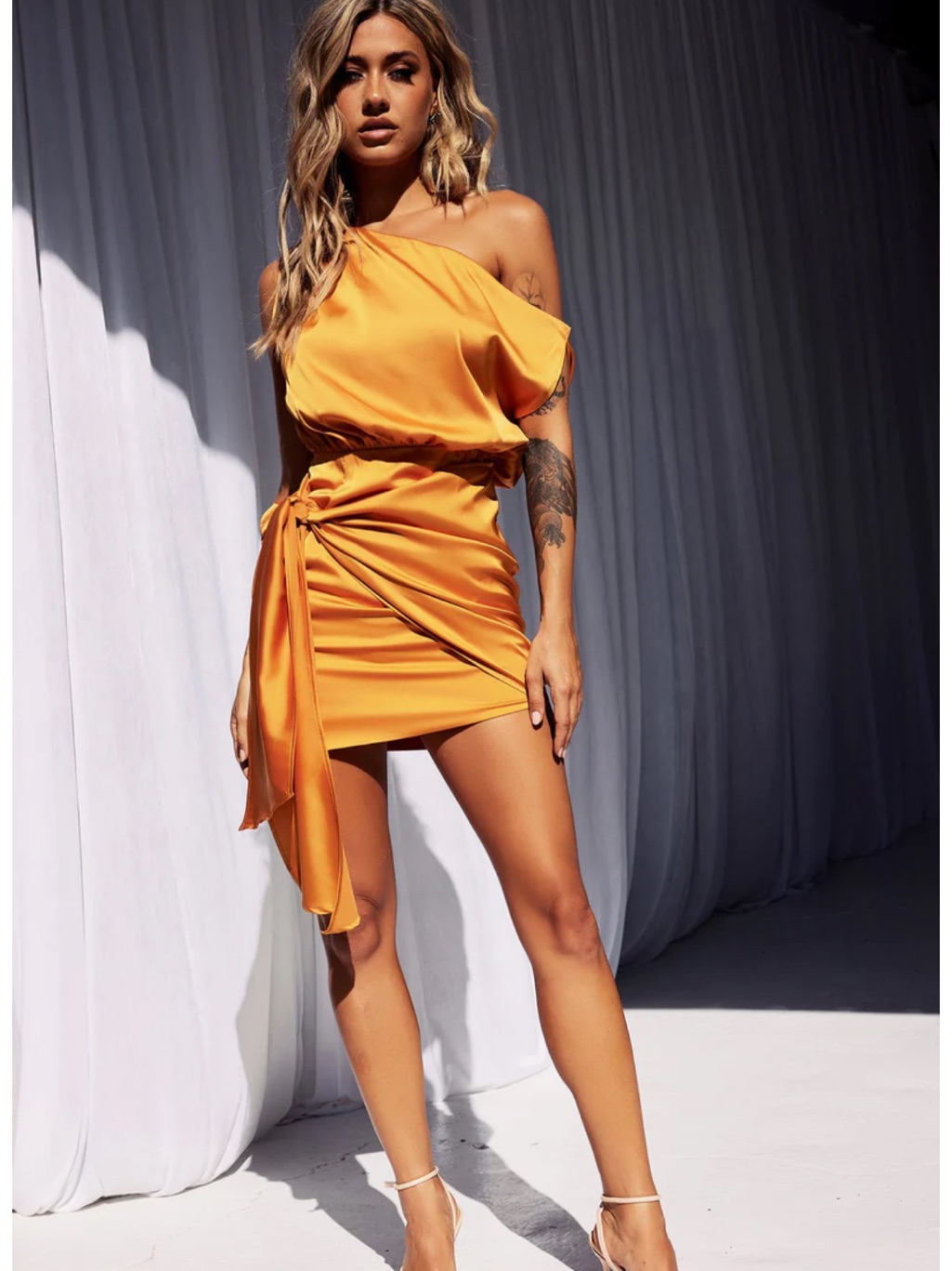 Sage & Paige One-Shoulder Satin Mini Dress In Golden Orange